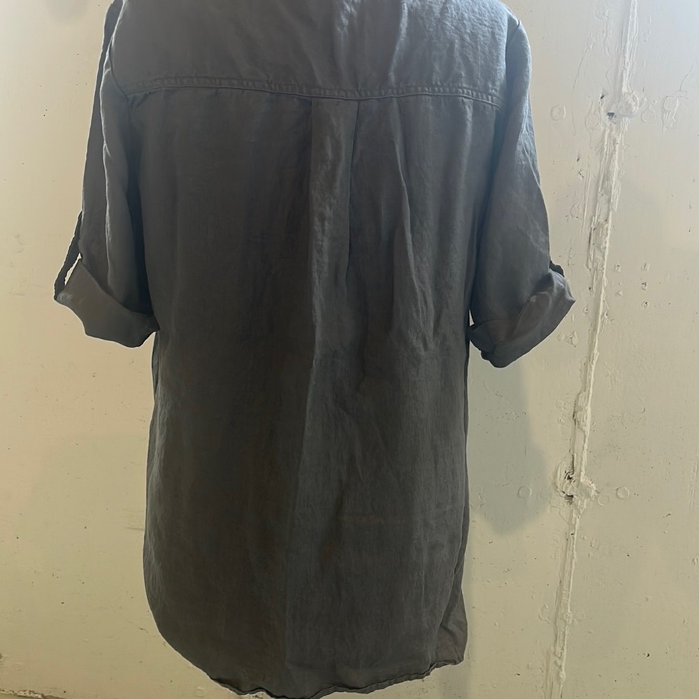 Ellen Tracy linen grey gold Boxy Blouse with Cuffed Sleeves and round Collar - Picture 2 of 10
